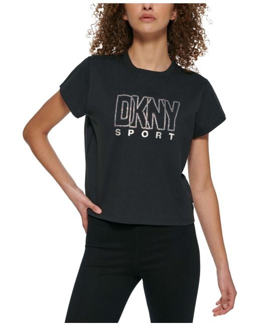 DKNY Cotton Sport Rhinestone Logo Top in Black | Lyst