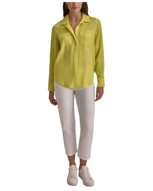 DKNY Yellow Roll-tab-sleeve Button-front Top