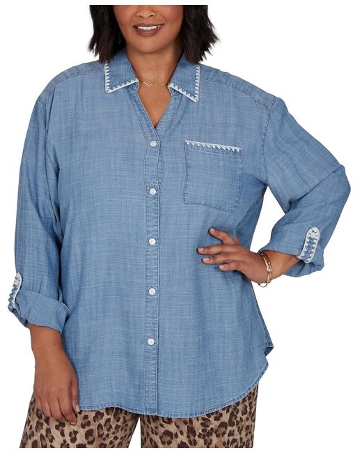 Ruby Rd Blue Plus Size Crochet Trim Soft Button Front Top