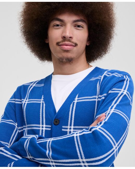 Club Room Blue Cotton Windowpane-plaid Cardigan Sweater for men