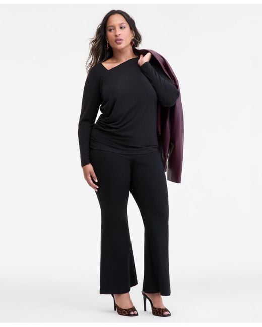 INC International Concepts Blue Plus Size Asymmetric-neck Long-sleeve Top