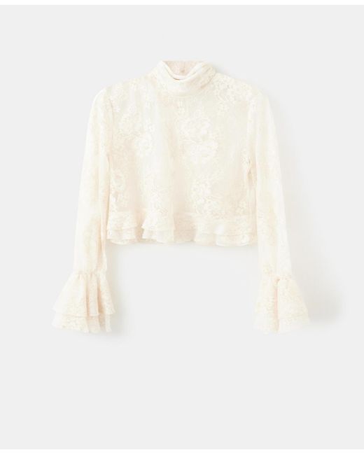 Mango White Ruffled Embroidered Blouse