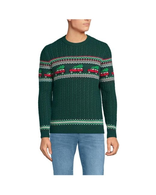 Lands' End Green Long Sleeve Christmas Car Fair Isle Sweater for men