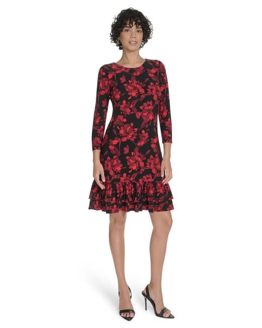 Tommy Hilfiger Red Petite 3/4-sleeve Ruffle-hem Shift Dress