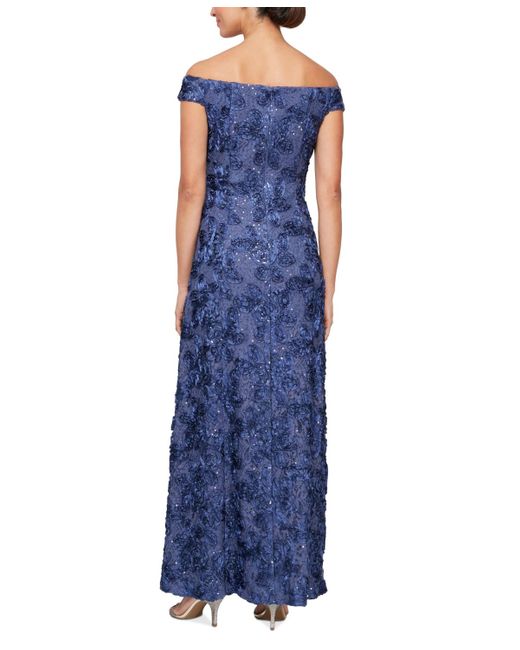 Alex Evenings Blue Off-the-shoulder Long Rosette Lace A-line Dress