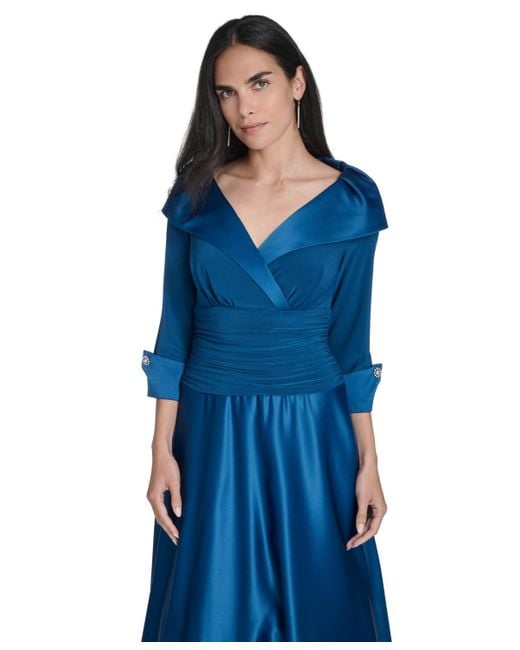 Jessica Howard Women's Blue Portrait-collar Side-ruched Gown