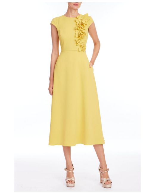 badgley mischka pleated a line midi dress Badgley Mischka Pleated Corsage A-line Midi Dress in Yellow