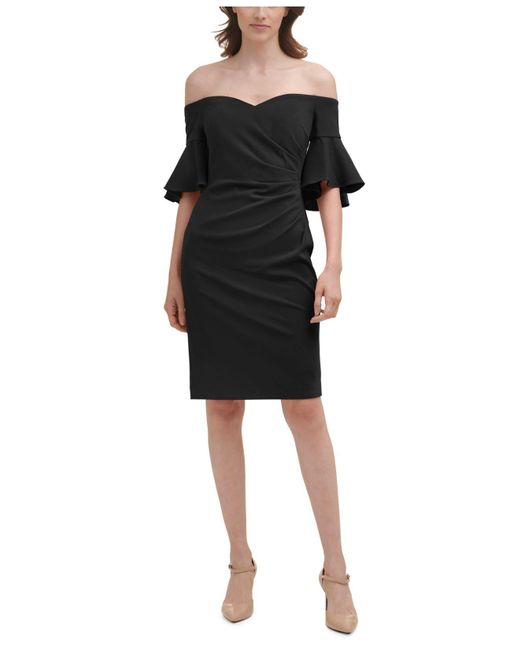 Calvin Klein Black Off-the-shoulder Ruffled-cuff Dress