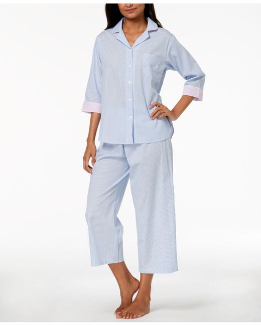Miss Elaine Blue Striped Cotton Pajama Set