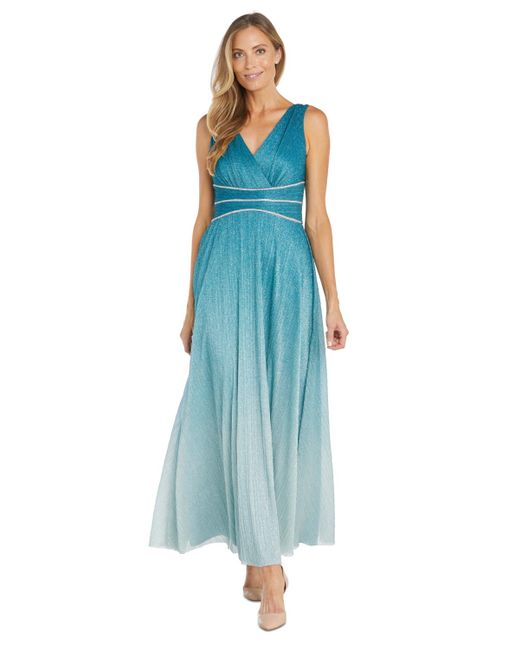 R & M Richards Blue Embellished Ombre Metallic Gown