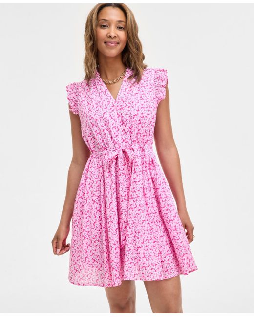 On 34th Pink V-neck Flutter-sleeve Mini Dress