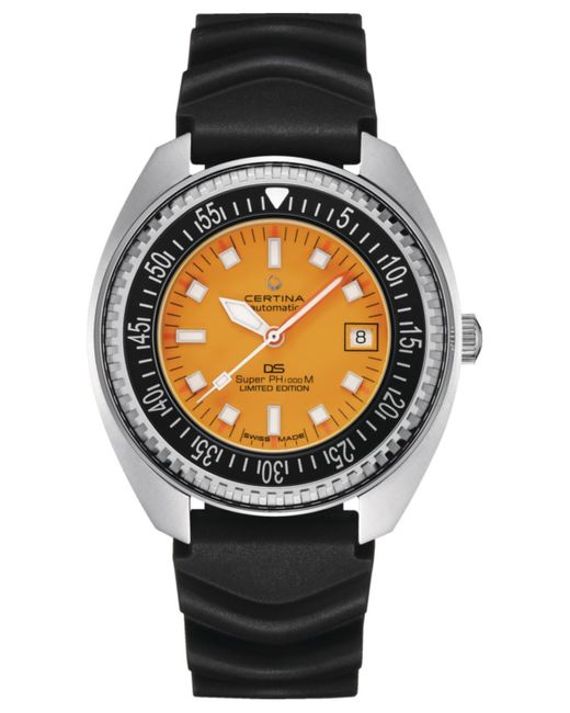 Certina Metallic Swiss Automatic Ds Ph1000m Powermatic 80 Black Rubber Strap Watch 44mm for men