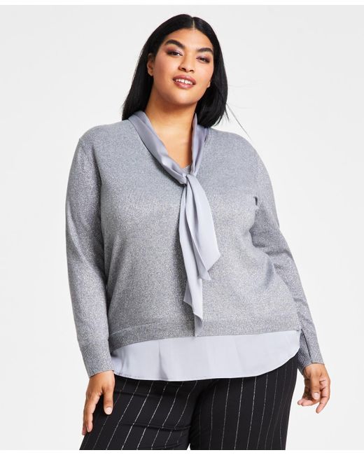 Anne Klein Gray Plus Size Layered-look Metallic-threaded Sweater