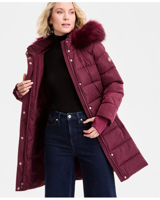 Michael Kors Red Michael Faux-fur-trim Hooded Puffer Coat