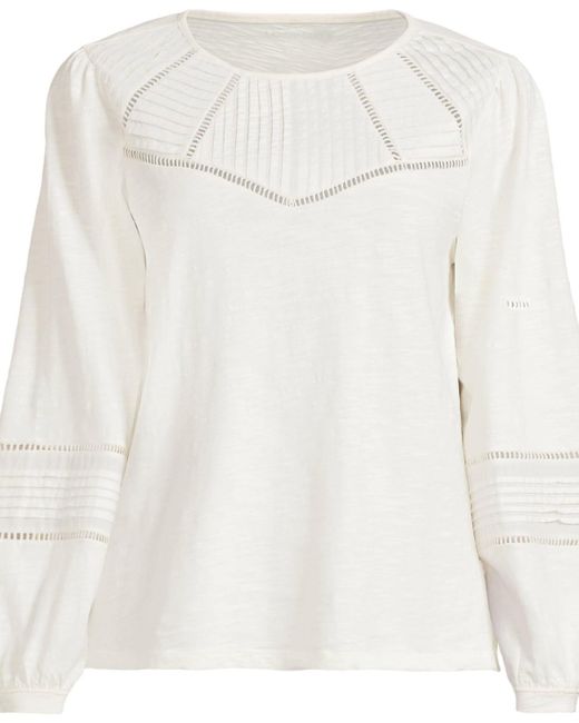 Lands' End White Plus Size Long Sleeve Slub Pintuck Top