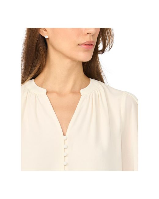 Cece White Lace-cuff Button-front V-neck Blouse