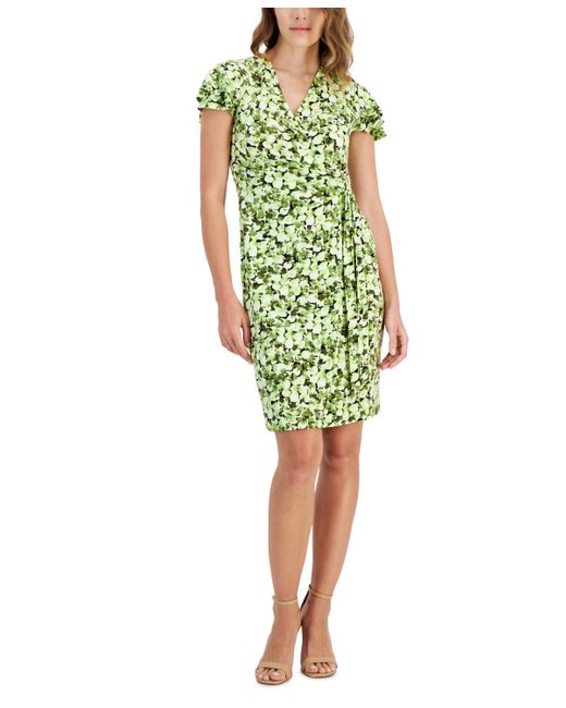 Anne Klein Green Faux-wrap Flutter-sleeve Floral-print Dress