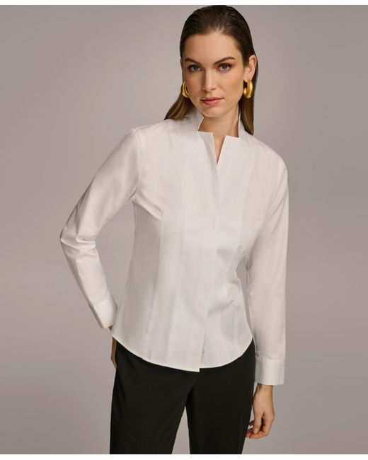 Donna Karan White Stand Collar Button Front Cotton Shirt