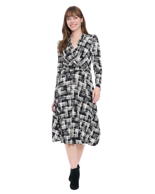 London Times Printed Long-sleeve Midi Dress in White | Lyst