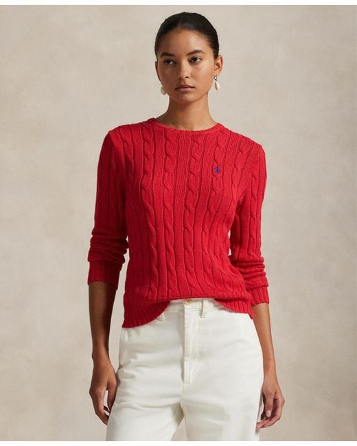 Polo Ralph Lauren Women's Red Cable-knit Cotton Crewneck Sweater