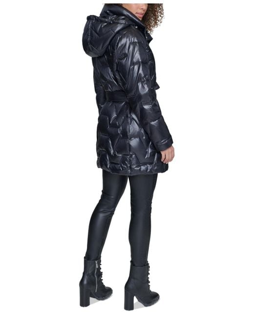 Karl Lagerfeld Blue Tie-waist Hooded Puffer Coat