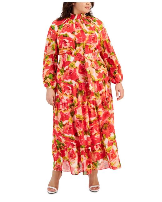 Taylor Red Plus Size Printed Belted Blouson-sleeve Maxi Dress