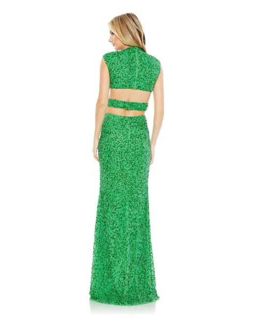 Mac Duggal Green Sequined Cap Sleeveless Plunge Neck Cut Out Gown