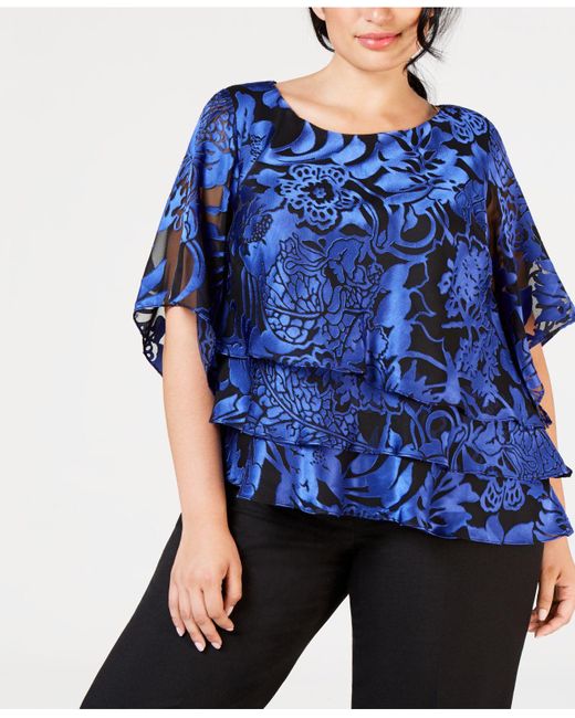 Alex Evenings Blue Plus Size Printed Tiered Top