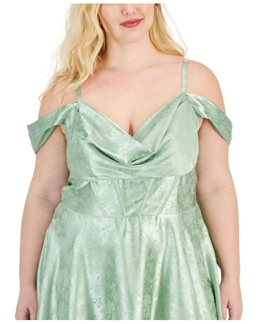 B Darlin Green Trendy Plus Size Off-the-shoulder Satin Jacquard Gown
