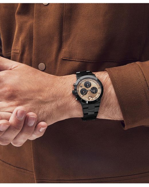 Movado Black Bold Fusion Swiss Quartz Chronograph Ionic Plated Steel Bracelet Watch 44mm for men