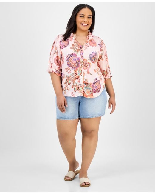 Democracy Red Trendy Plus Size Floral-print Ruffle-trim Blouse