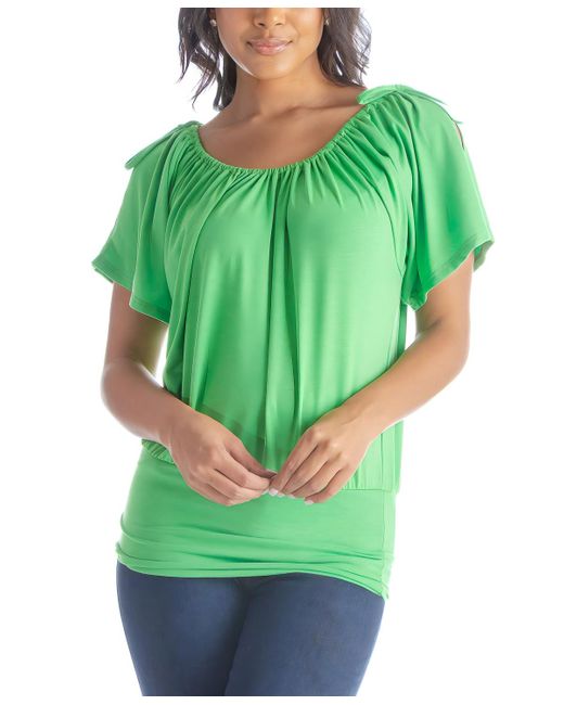 24seven Comfort Apparel Green Solid Color Short Sleeve Split Shoulder Top