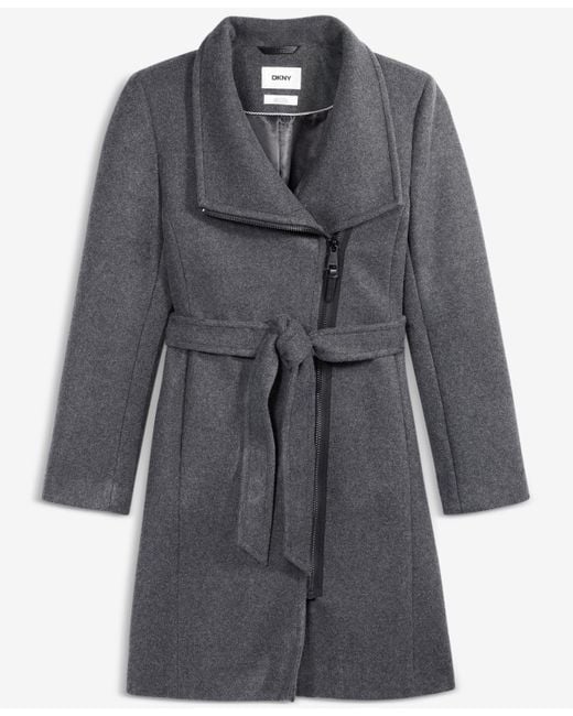 DKNY Gray Asymmetric Front-zip Belted Coat