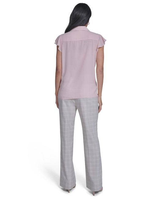 Calvin Klein Purple Solid Cap-sleeve Ruffle Front Top