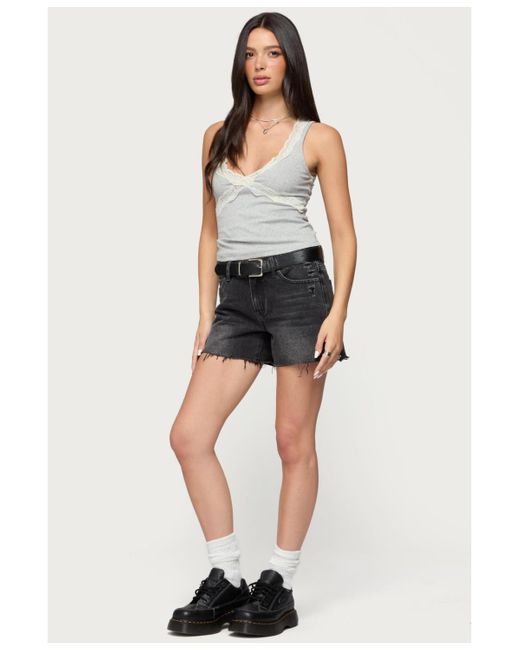 Edikted Gray Oriana Contrast Lacey V Neck Top