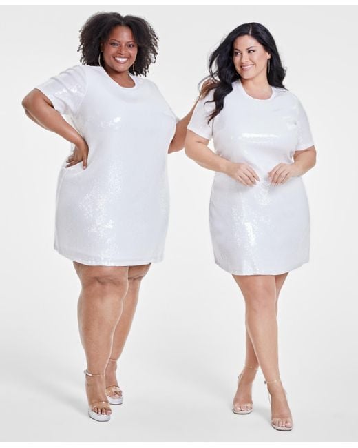 Nina Parker White Trendy Plus Size Printed Short-sleeve Sequin Dress