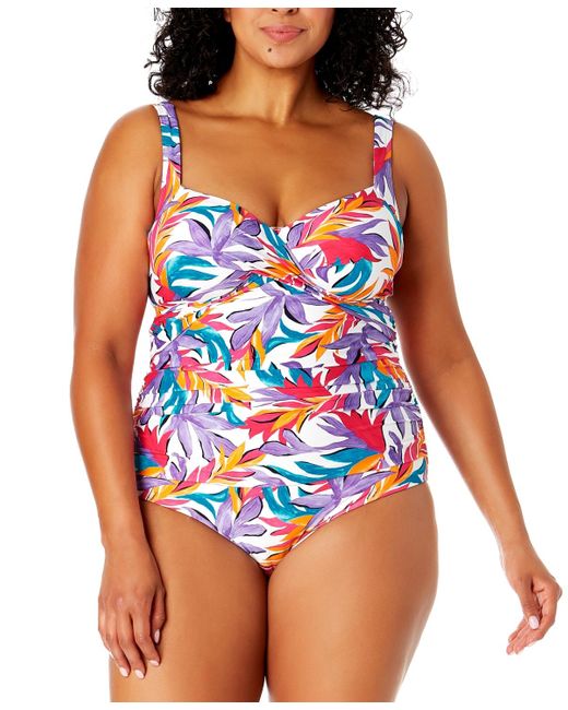 Anne Cole Blue Plus Size Printed Shirred One-piece Swimsuit
