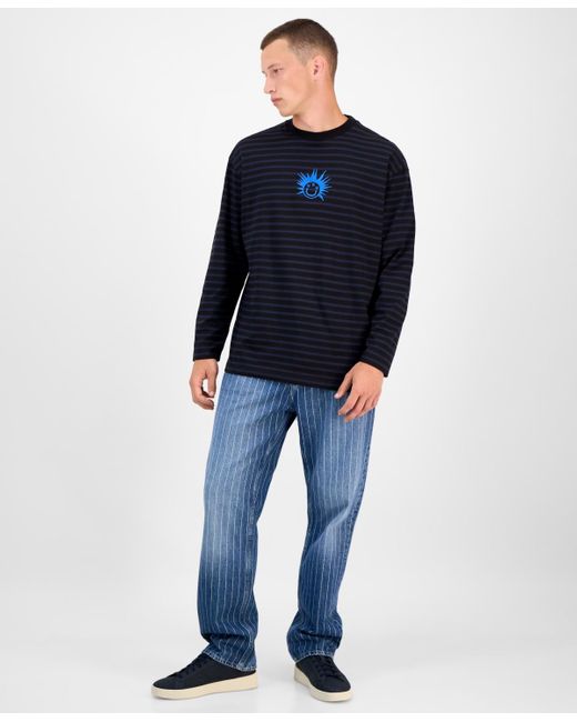 Boss Blue Hugo By Striped Cotton Logo Graphic Crewneck T-shirt for men