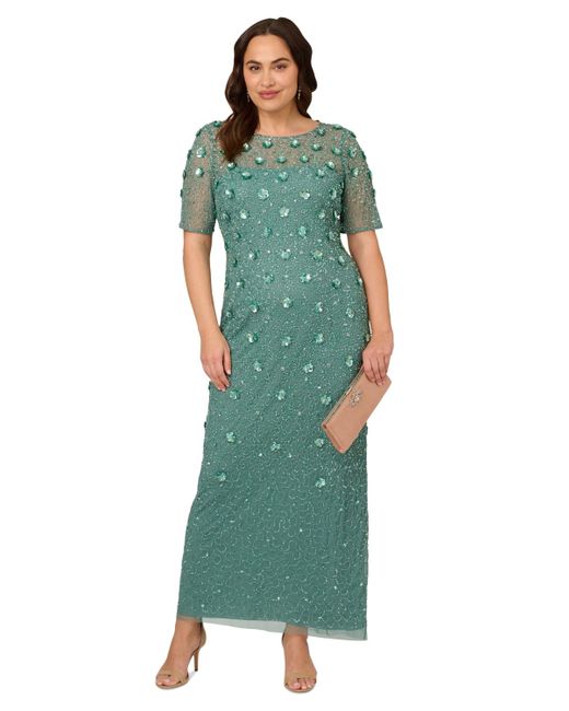 Adrianna Papell Green Plus Size 3d Floral Embellished Gown