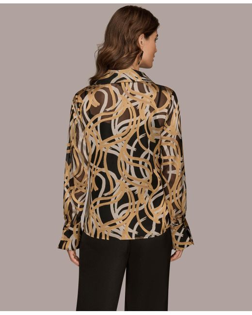 Donna Karan Brown Long Sleeve Burnout Cowl Neck Top