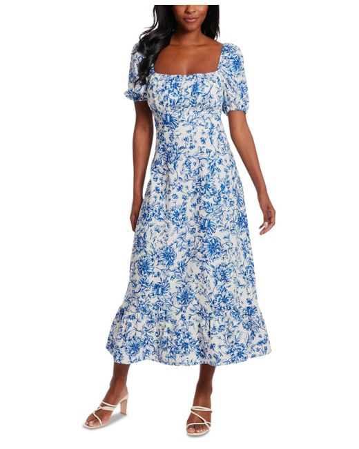 London Times Blue Puff-sleeve Ruched Smocked-back Empire Midi Dress