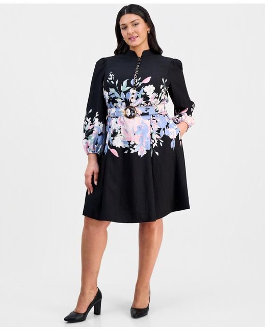 Tahari Women's Blue Plus Size Belted Floral Print Fit & Flare Dress