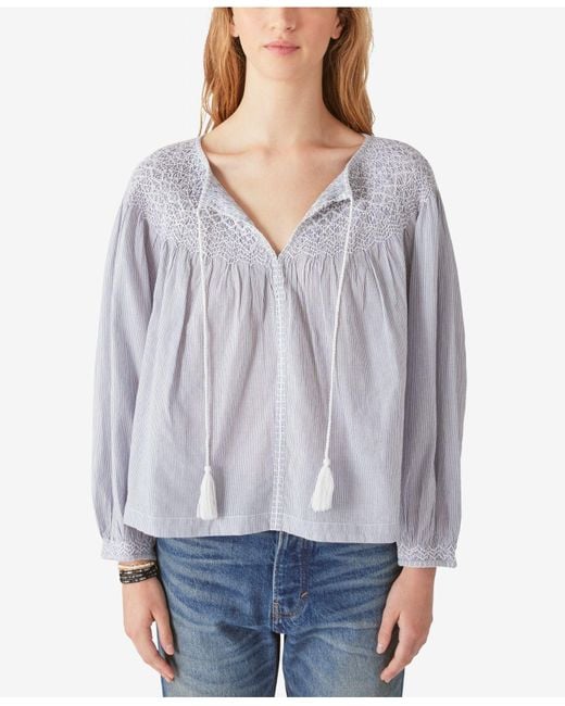 Lucky Brand Striped Smocked Cotton Peasant Blouse in Blue Stripe (Gray