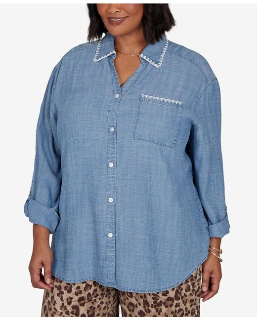 Ruby Rd Blue Plus Size Crochet Trim Soft Button Front Top