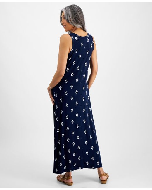Style & Co. Blue Printed Sleeveless Knit Maxi Dress