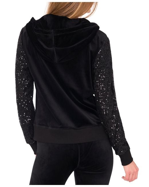 Vince Camuto Black Velour Sequin Long-sleeve Zip-front Hoodie Jacket