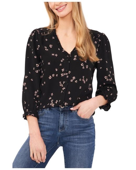 Cece Black Floral-print Button-front Blouse