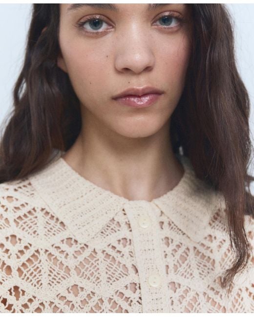 Mango White Short-sleeved Crochet Sweater