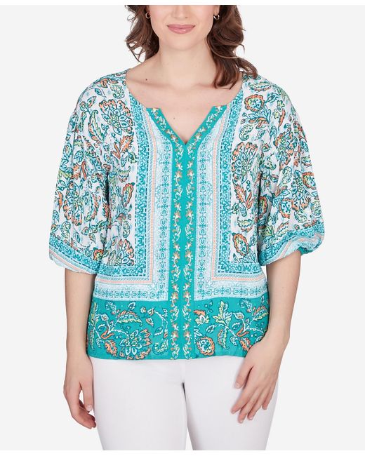 Ruby Rd Blue Petite Floral Breeze Puff Sleeve Border Top