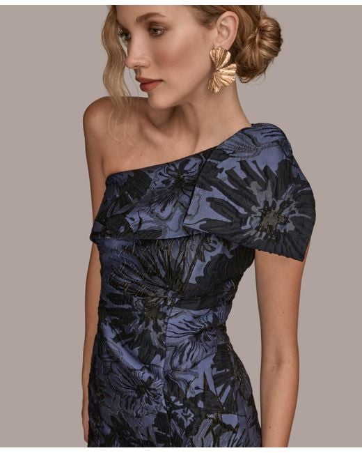 Donna Karan Blue Jacquard Bow-trim One-shoulder Gown